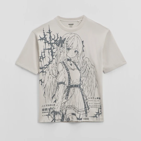 Zdjęcie produktu Piaskowoszara koszulka z nadrukiem w stylu anime House jasnoszary