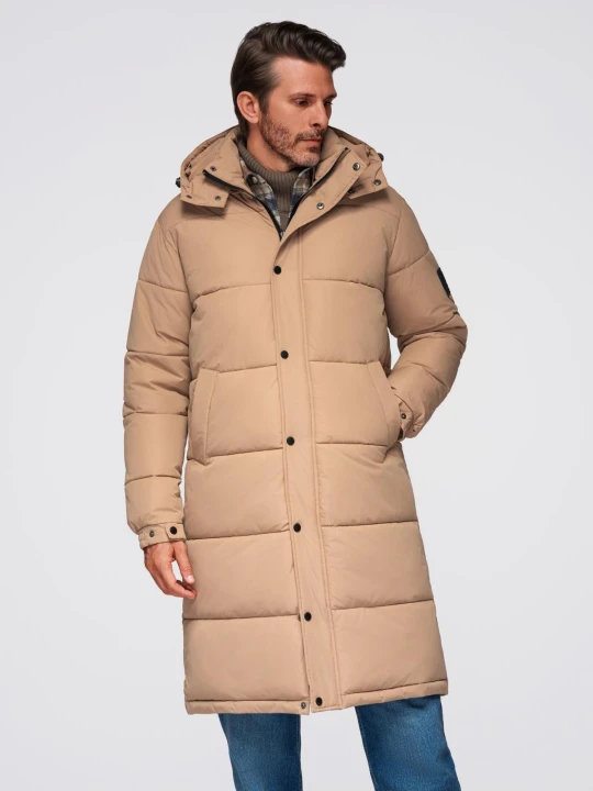 Zdjęcie produktu Pikowana długa kurtka męska z odpinanym kapturem – beżowa V2 - Rozmiar: S Ombre Clothing