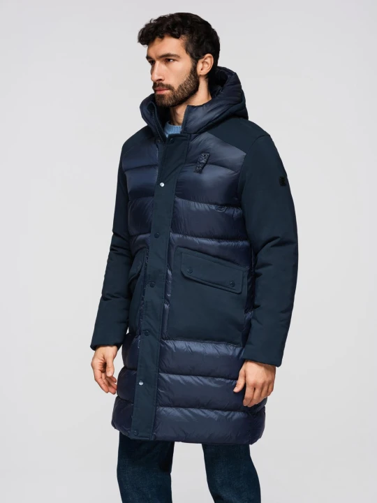 Zdjęcie produktu Pikowana długa męska kurtka z dużymi kieszeniami – granatowa V4 Ombre Clothing