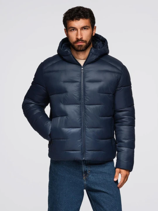 Zdjęcie produktu Pikowana kurtka męska puffer z kapturem – granatowa V4 - Rozmiar: XL Ombre Clothing
