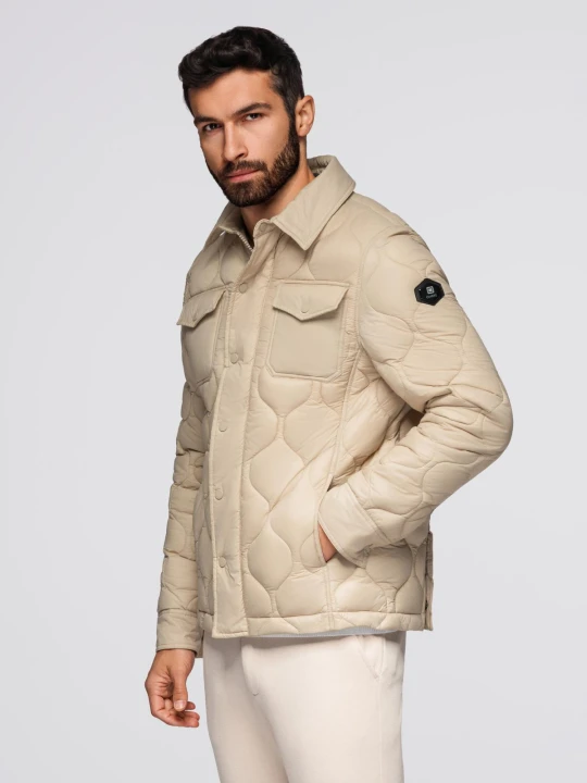 Zdjęcie produktu Pikowana kurtka męska w koszulowym fasonie – beżowa V1 - Rozmiar: M Ombre Clothing