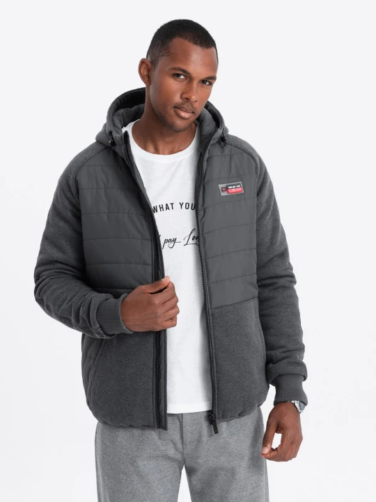 Zdjęcie produktu Pikowana kurtka męska z dzianinowymi rękawami i kapturem – ciemnoszara V3 Ombre Clothing szary