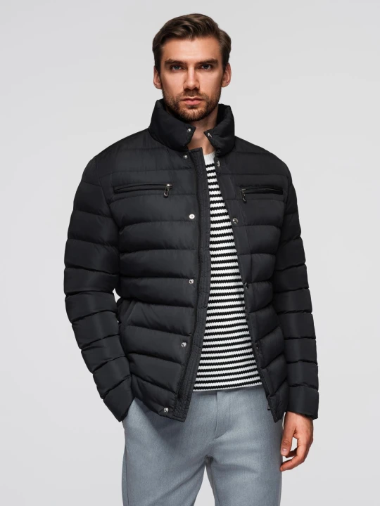 Zdjęcie produktu Pikowana kurtka męska ze stójką i zamkami na klatce piersiowej – czarna V1 - Rozmiar: S Ombre Clothing
