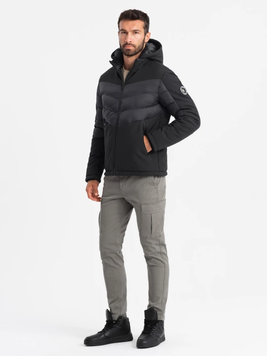 Zdjęcie produktu Pikowana męska kurtka z łączonych materiałów z wysokim kołnierzem – czarna V1 - Rozmiar: XXL Ombre Clothing
