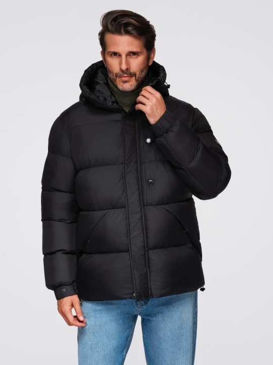Zdjęcie produktu Pikowana męska kurtka z wysoko zapinanym kapturem – czarna V1 - Rozmiar: L Ombre Clothing