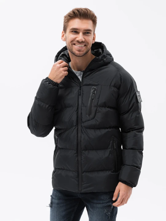 Zdjęcie produktu Pikowana mocno ocieplana kurtka męska z raglanowym rękawem – czarna V4 Ombre Clothing