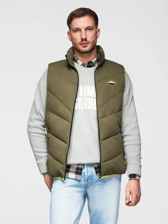 Zdjęcie produktu Pikowany bezrękawnik męski z neonowymi akcentami – oliwkowy V5 - Rozmiar: L / XL Ombre Clothing