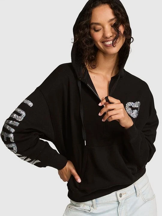 Zdjęcie produktu PINK Bluza z kapturem Campus Fleece z zamkiem do połowy Victoria's Secret Czarny