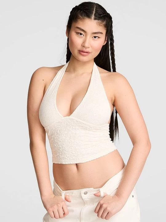 Zdjęcie produktu PINK Koronkowy top halter PINK Base z głębokim dekoltem Victoria's Secret Beżowy