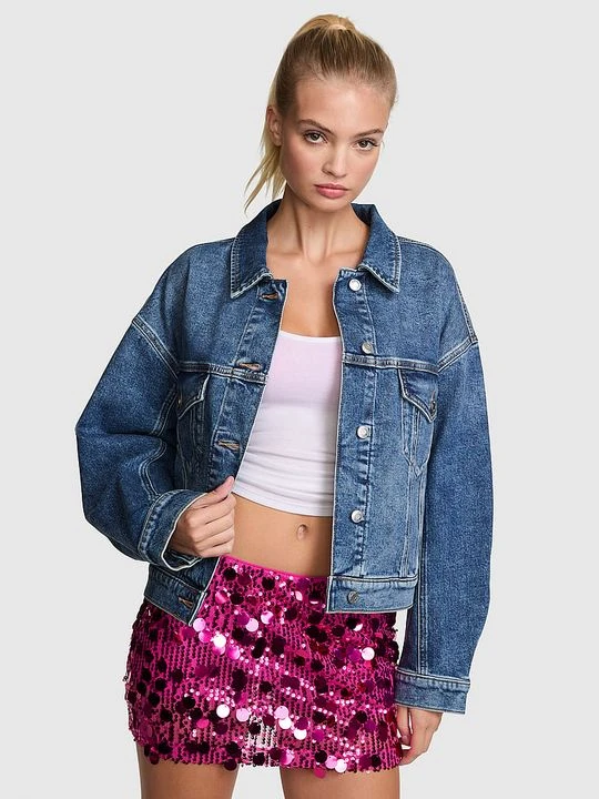Zdjęcie produktu PINK Kurtka jeansowa trucker o kroju boyfriend Denim by PINK Victoria's Secret Niebieski