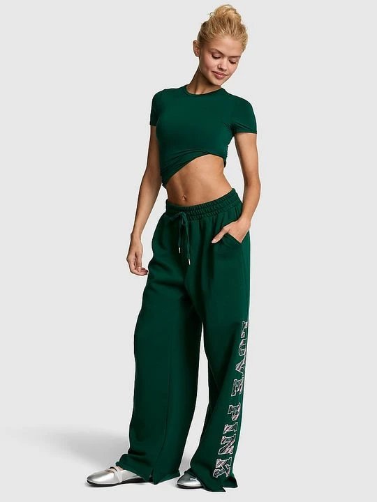 Zdjęcie produktu PINK Spodnie dresowe Campus Fleece z szerokimi nogawkami i rozcięciami Victoria's Secret Zielony