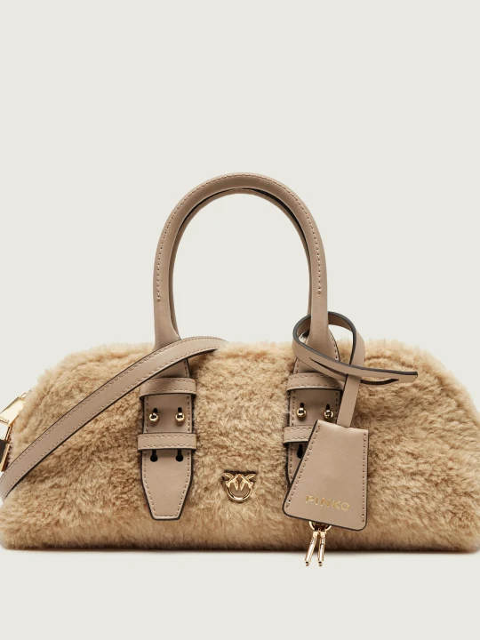 Zdjęcie produktu Pinko Kuferek Bowling Bag Horizontal Imitati | shearling | z dodatkiem skóry beżowy