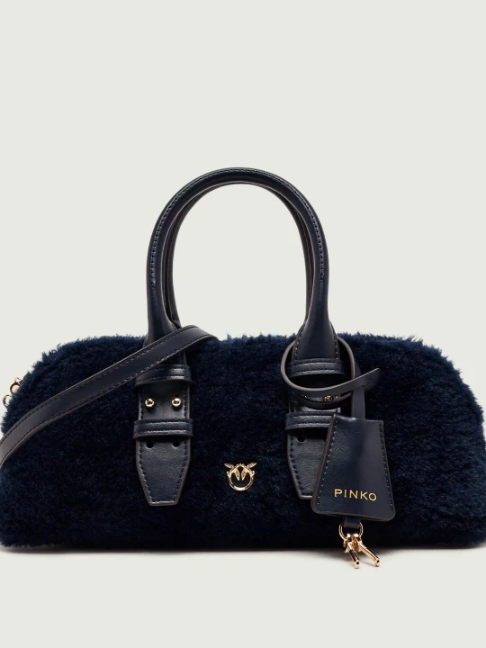 Zdjęcie produktu Pinko Kuferek Bowling Bag Horizontal Imitati | shearling | z dodatkiem skóry granatowy