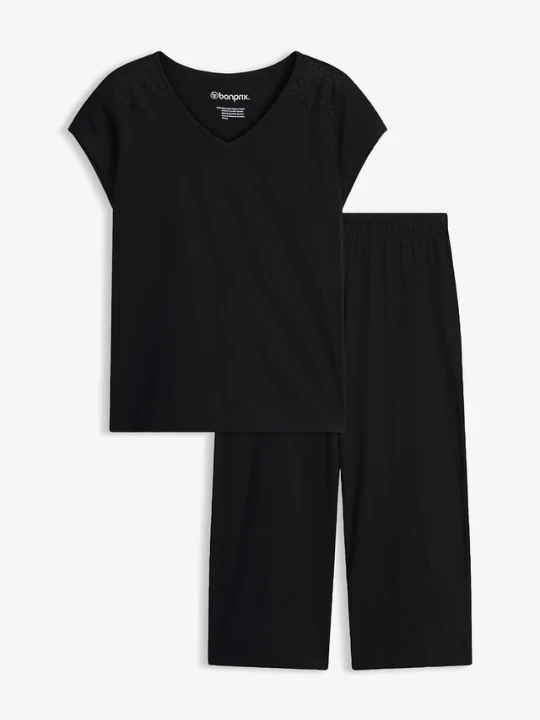 Zdjęcie produktu Piżama z szerokimi spodniami culotte 3 / 4 BonPrix czarny