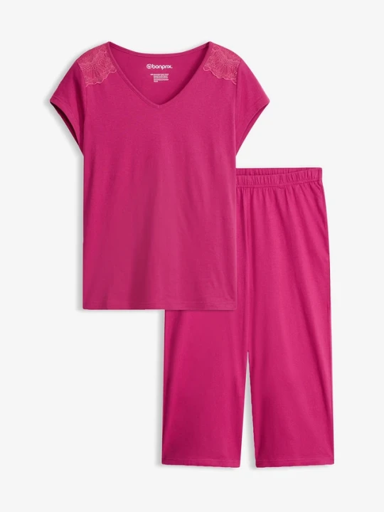 Zdjęcie produktu Piżama z szerokimi spodniami culotte 3 / 4 BonPrix różowy
