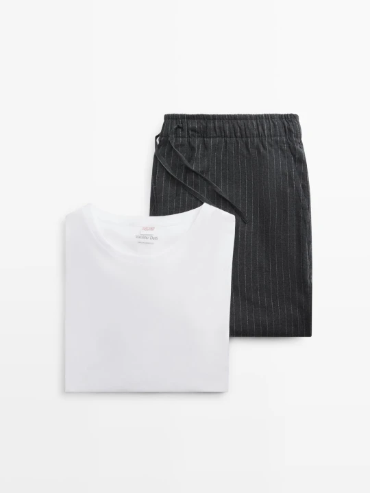 Zdjęcie produktu Piżama Ze 100% Bawełny W Paski Z Koszulką Z Długim Rękawem - Szary - - Massimo Dutti - Mężczyzna