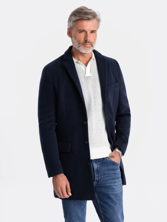 Zdjęcie produktu Płaszcz męski klasyczny jednorzędowy - granatowy V1 Ombre Clothing