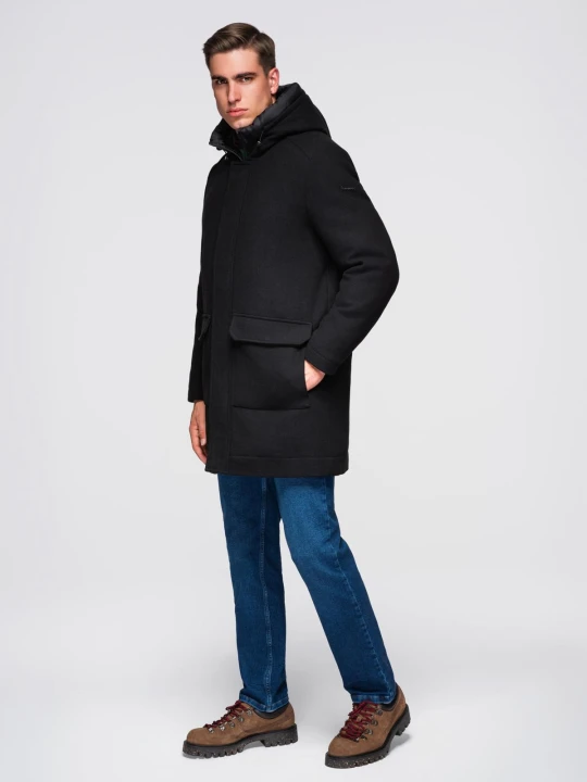 Zdjęcie produktu Płaszcz męski parka z wełną i kapturem - czarny V1 Ombre Clothing