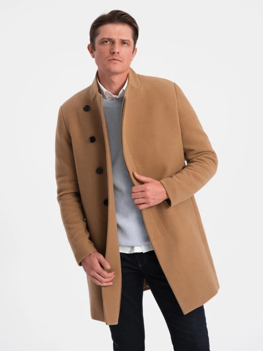 Zdjęcie produktu Płaszcz męski z asymetrycznym zapięciem - camel V4 - Rozmiar: S Ombre Clothing
