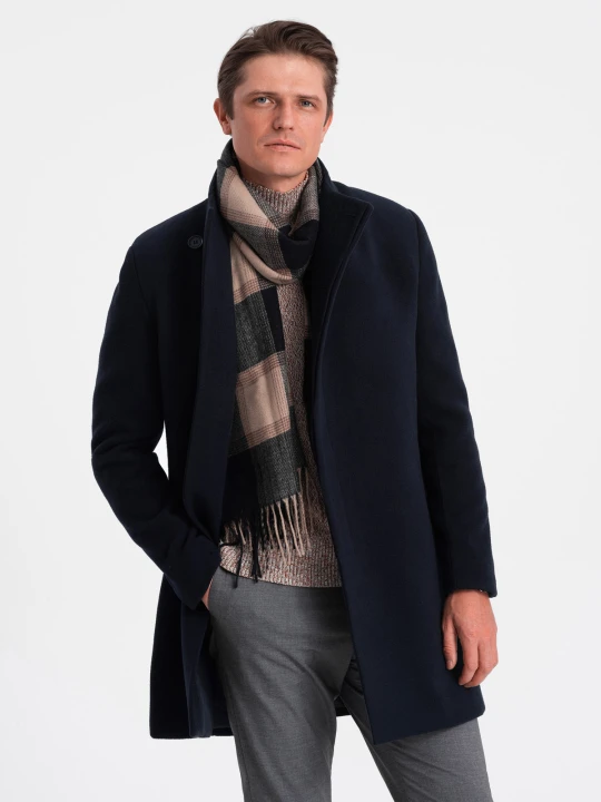Zdjęcie produktu Płaszcz męski z asymetrycznym zapięciem - granatowy V3 - Rozmiar: XXL Ombre Clothing