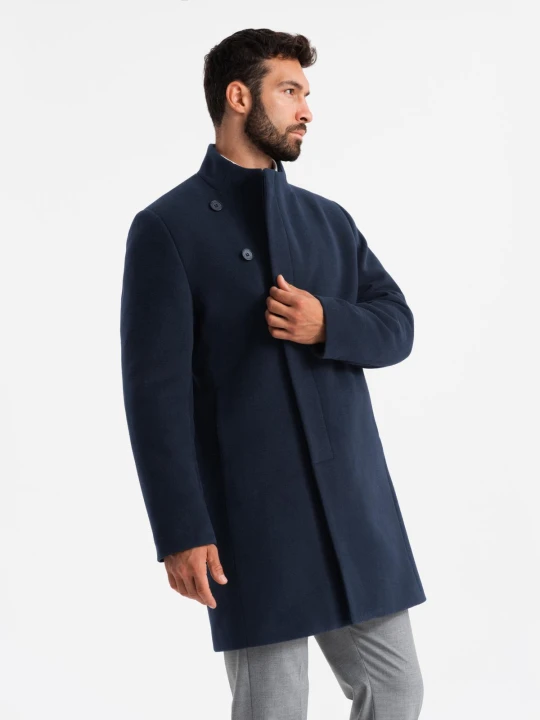 Zdjęcie produktu Płaszcz męski z asymetrycznym zapięciem i wysokim kołnierzem – granatowy V3 - Rozmiar: XXL Ombre Clothing