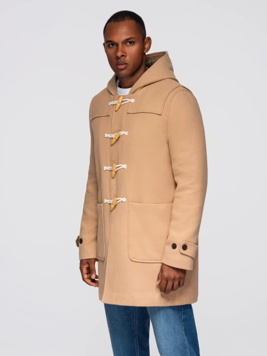 Zdjęcie produktu Płaszcz męski z wełną i kapturem duffle coat – jasnobrązowy V1 Ombre Clothing