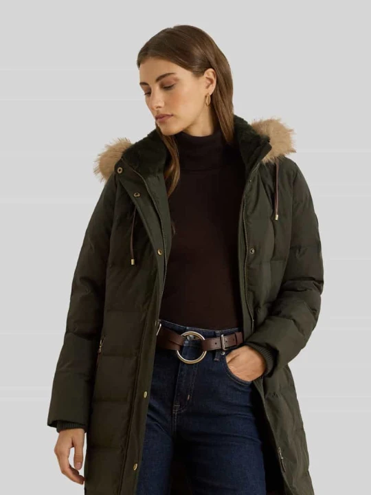 Zdjęcie produktu płaszcz puchowy o kroju regular fit z obszyciem ze sztucznego futra Lauren Ralph Lauren Zielony