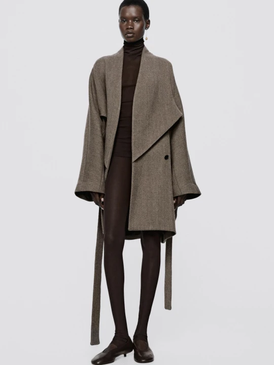 Zdjęcie produktu Płaszcz Z Mieszanki Wełny Z Paskiem – Limited Edition - Szarobrązowy - Massimo Dutti - Female