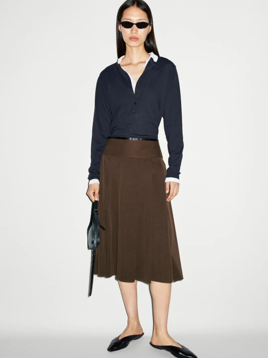 Zdjęcie produktu Plisowana Spódnica Midi Ze Skórzanym Detalem - Czekoladowy - Massimo Dutti - Female
