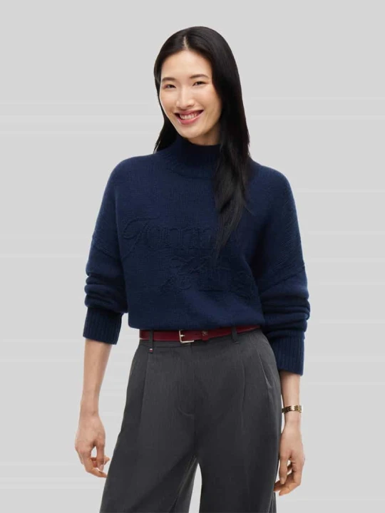 Zdjęcie produktu Półgolf z wełny z haftem logo Tommy Hilfiger Granatowy