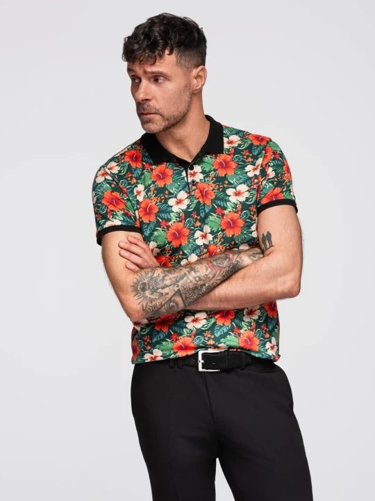 Zdjęcie produktu Polo koszulka bawełniana z nadrukiem w kwiaty – czarna V2 - Rozmiar: M Ombre Clothing
