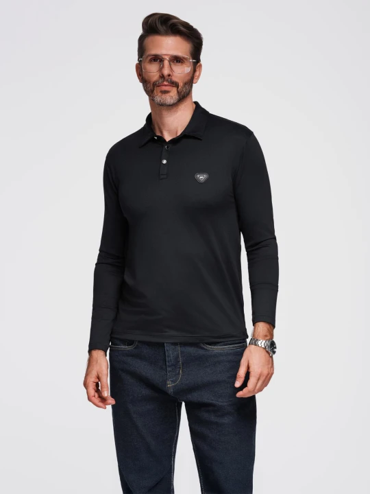 Zdjęcie produktu Polo koszulka z długim rękawem zapinana na eleganckie, brandowane guziki – czarna V1 - Rozmiar: XXL Ombre Clothing