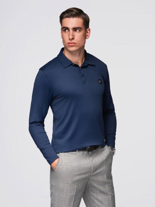Zdjęcie produktu Polo koszulka z długim rękawem zapinana na eleganckie, brandowane guziki – granatowa V3 - Rozmiar: XXL Ombre Clothing