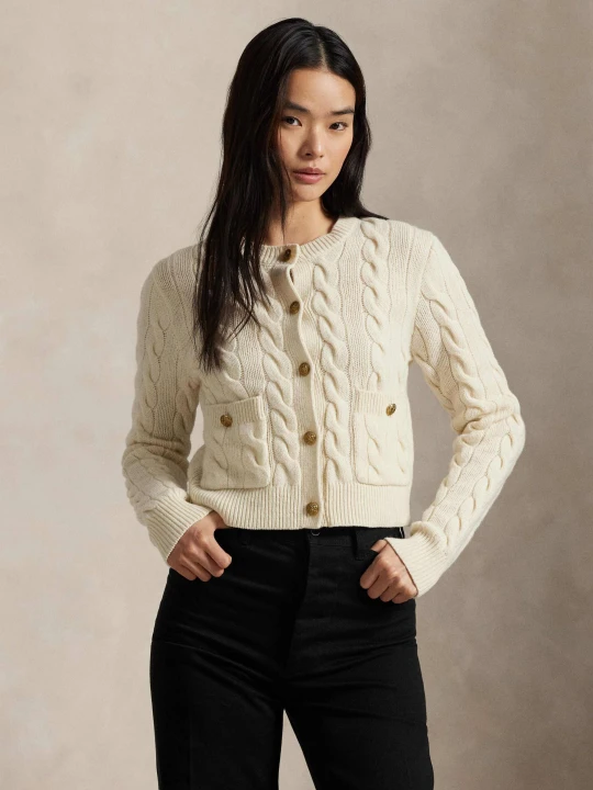 Zdjęcie produktu POLO RALPH LAUREN Wełniany kardigan Cable | Cropped Fit | z dodatkiem kaszmiru kremowy