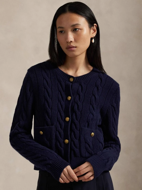 Zdjęcie produktu POLO RALPH LAUREN Wełniany kardigan Cable | Cropped Fit | z dodatkiem kaszmiru granatowy