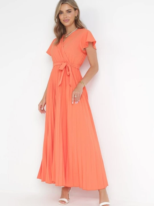 Zdjęcie produktu Pomarańczowa Elegancka Sukienka Maxi w Plisy z Kopertowym Dekoltem i Wiązaniem Thessi Cflo