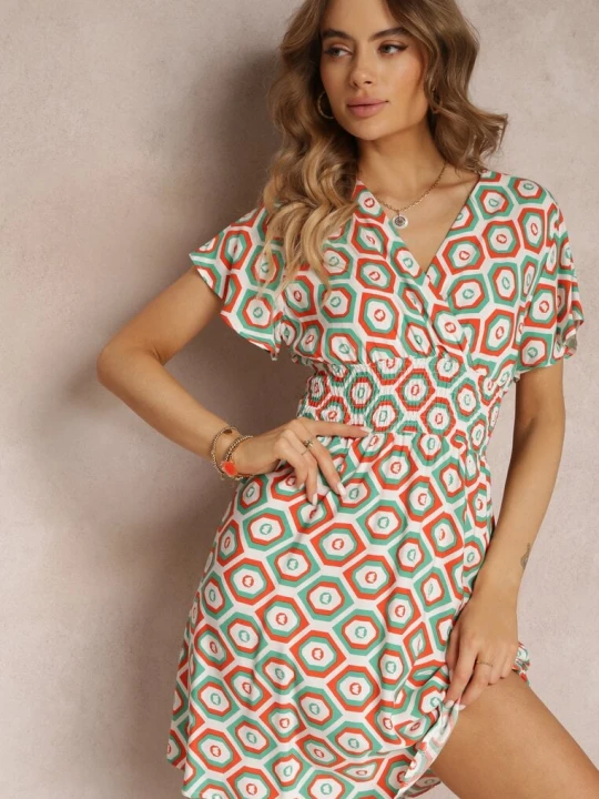 Zdjęcie produktu Pomarańczowa Kopertowa Sukienka Mini z Gumką w Talii z Wiskozy Samata Cflo