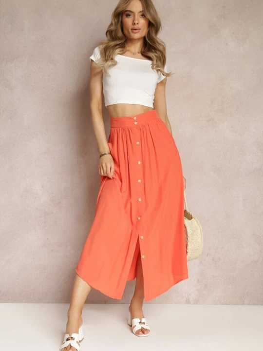 Zdjęcie produktu Pomarańczowa Rozkloszowana Spódnica Maxi z Gumką w Talii i Kieszeniami Kendrani Melya By Melody
