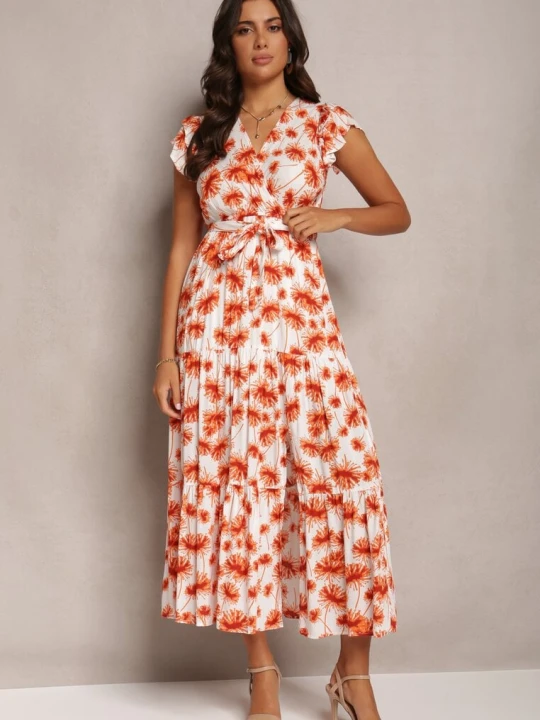Zdjęcie produktu Pomarańczowa Rozkloszowana Sukienka Maxi w Kwiatowy Print z Gumką w Pasie Javiky Rosa