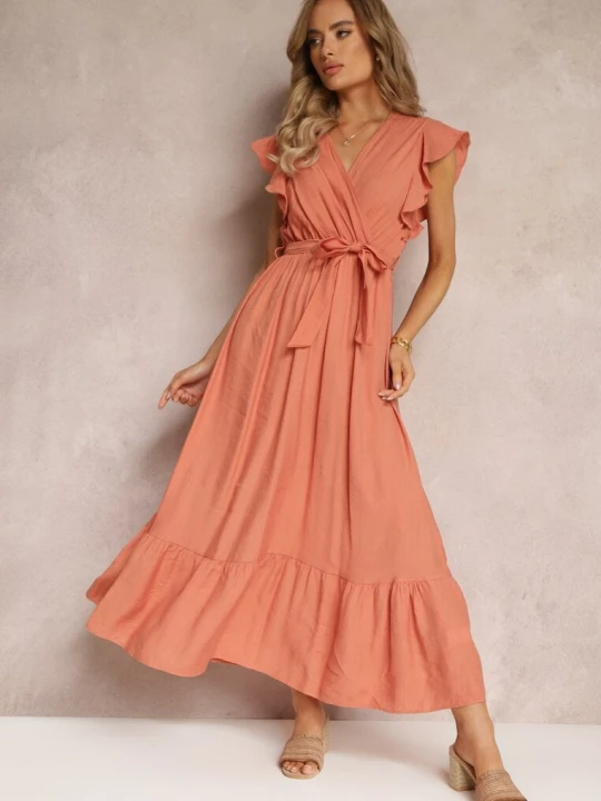Zdjęcie produktu Pomarańczowa Rozkloszowana Sukienka Maxi z Gumką w Talii Lavla Rosa