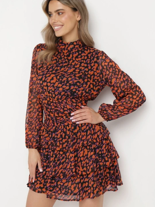 Zdjęcie produktu Pomarańczowa Rozkloszowana Sukienka Mini w Modny Print Ozdobiona Brokatem Ifigentta Retro & Icone