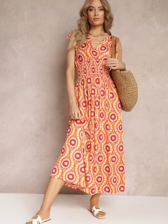 Zdjęcie produktu Pomarańczowa Rozkloszowana Sukienka z Wiskozy w Fantazyjny Print Karlene