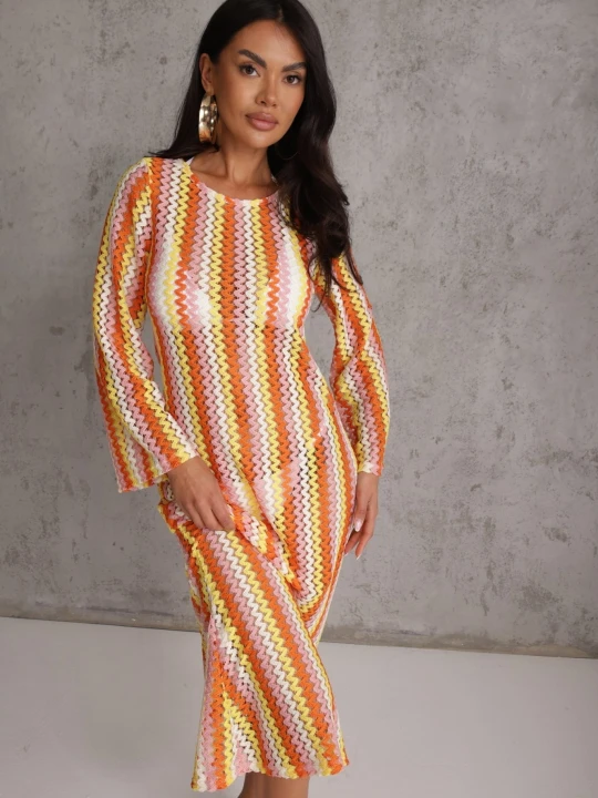 Zdjęcie produktu Pomarańczowa Sukienka Dopasowana w Stylu Boho z Plecionego Materiału w Paski Nasehle Jumelle