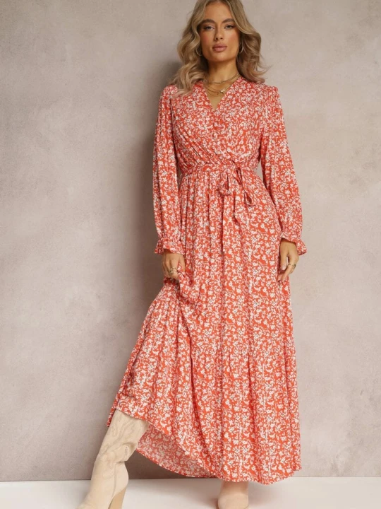Zdjęcie produktu Pomarańczowa Sukienka w Kwiaty z Falbaną i Wiązanym Paskiem Zeralia M&d Fashion