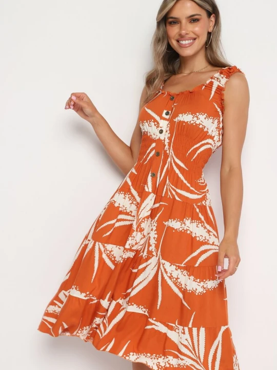 Zdjęcie produktu Pomarańczowa Wiskozowa Sukienka na Ramiączkach z Gumką w Pasie Oslifea R&f Fashion