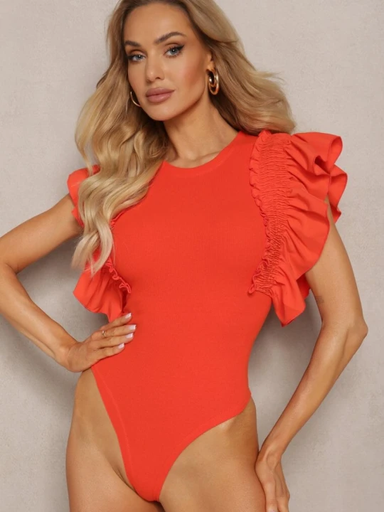 Zdjęcie produktu Pomarańczowe Eleganckie Body z Bawełny z Zapięciem na Napy Wykończone Falbankami Iilines Elsa.m By May