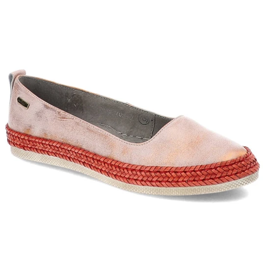 Zdjęcie produktu Espadryle damskie Maciejka, wsuwane espadryle z połyskującej skóry naturalnej i płaska jasną podeszwą, miedziane, 02938-32-00-5 pomarańczowy