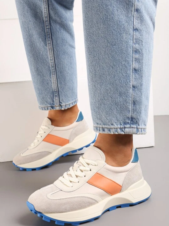 Zdjęcie produktu Pomarańczowe Skórzane Sneakersy z Bieżnikiem i Przeszyciami Wantella Beżowy