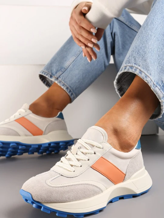 Zdjęcie produktu Pomarańczowe Sneakersy ze Skóry Naturalnej Ozdobione Wstawkami z Ekozamszu Xanthipe Beżowy