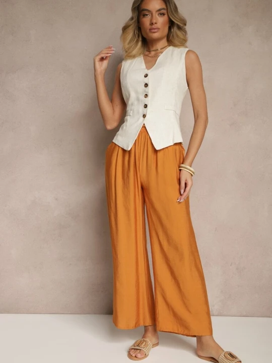 Zdjęcie produktu Pomarańczowe Spodnie z Wiskozy High Waist o Szerokim Kroju Divlise Rosita